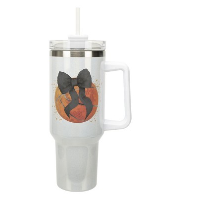 Elanze Designs 40 Ounce Stainless Steel Double Wall Insulated Glitter Travel Tumbler With Handle, Straw, and Lid, Basketball With Black Bow White