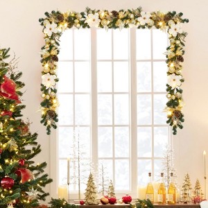 6FT Pre-Lit Christmas Garland with Lights,Gold Ball Ornaments,Artificial Magnolia Flowers, Xmas Garland for Mantle Fireplace Stair Railing Decor - 1 of 4