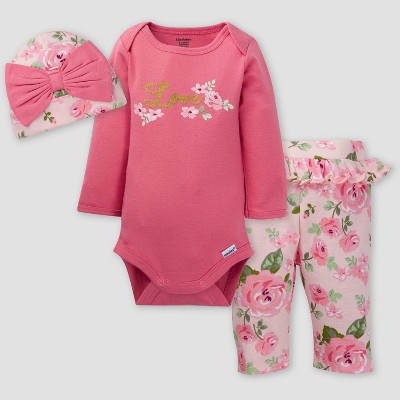 Gerber Baby Girls' 3pc Roses Top and Bottom Set - Pink 0-3M