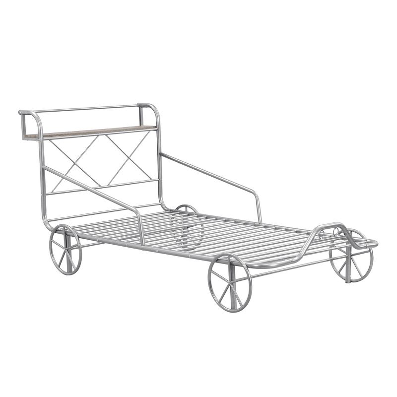 Twin Size Metal Car Bed with Four Wheels, Guardrails and X-Shaped Frame Shelf - ModernLuxe, 5 of 11