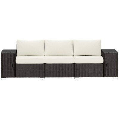 3 Seater Wicker Outdoor Couch Patio Sofa with Storage, Thickened Cushions and Wide Armrests for Porch Yard