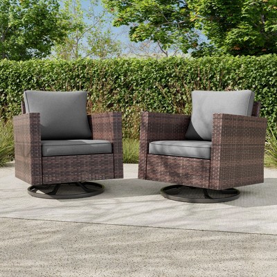 Sonkuki 2-Piece Patio Chair Set Brown Rattan Swivel Rocking Chair Set, Outdoor Furniture PE Wicker Set