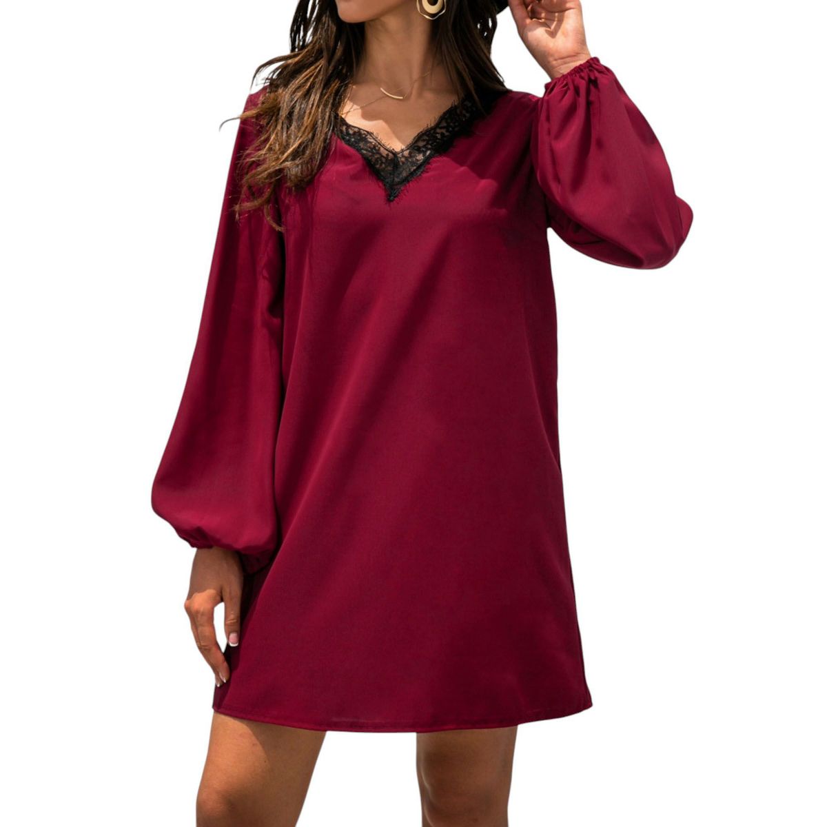 Anna-Kaci Women's Long Sleeve Mini Shift Dress with V-Neckline and Lace Trim Detail - thumbnail 7