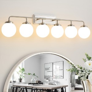 POWLIG 45.28-in 6-Light Nickel Bathroom Light Fixtures Over Mirror Vanity Lighting with Milk White Glass Globe Shades - 1 of 4