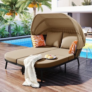 Dolly PE Wicker Patio Daybed with Retractable Canopy, Loveseat Sofa with Cushions, Outdoor Furniture, Tanning Near Me - Maison Boucle - 1 of 4
