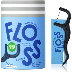 SmartLifeco Individually Wrapped Floss Picks | 50 Pack | Charcoal Infused | Biodegradable Plant Based Dental Picks | Smart Life Co - 1 of 4