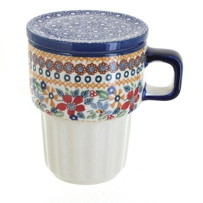 Blue Rose Polish Pottery Red Daisy Large Mug with Lid