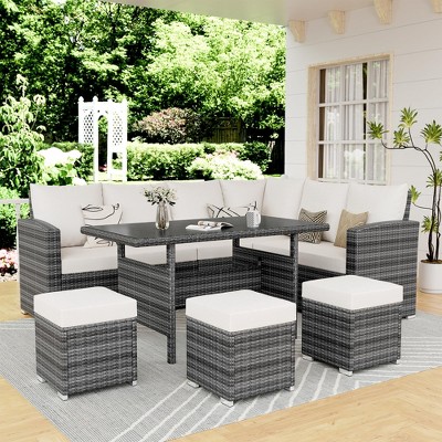 Whizmax 7-Piece Outdoor Sectional Sofa Set with Rattan Dining Table & Ottoman, Patio Furniture for Garden, Backyard