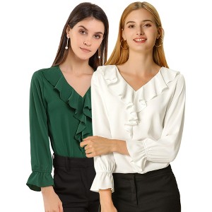 INSPIRE CHIC Women's Office Work Ruffle V Neck Long Sleeve Chiffon Peasant Blouse 2 Packs - 1 of 4