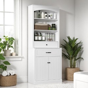 Tall Bathroom Storage Cabinet with Drawers, Adjustable Shelves & Double Doors, MDF Organizer with Metal Knobs - 1 of 4