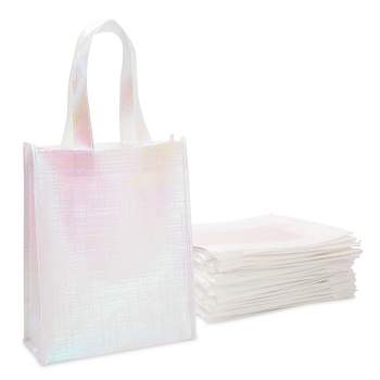 Sparkle and Bash 20 Pack Medium Reusable Tote Bags with Handles, Pink Holographic Grocery Shopping Bags, 10 x 8 In