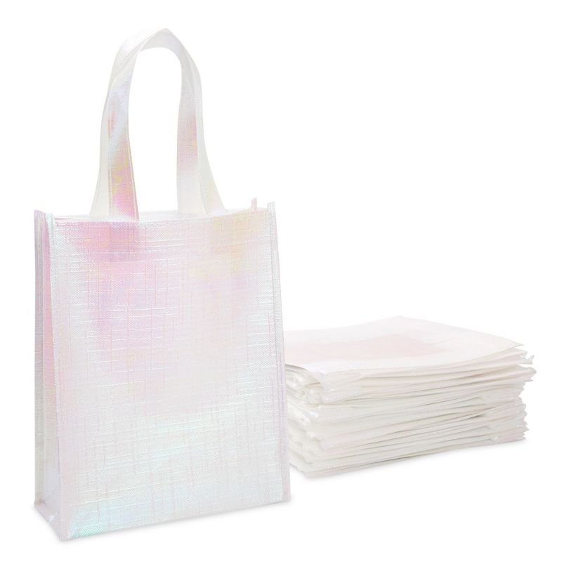 Sparkle and Bash 20 Pack Medium Reusable Tote Bags with Handles, Pink Holographic Grocery Shopping Bags, 10 x 8 In, 1 of 8