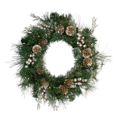 Northlight Pre-Lit Champagne Gold Pine Cone and Berry Mixed Pine Wreath - 22-Inch, Clear Lights