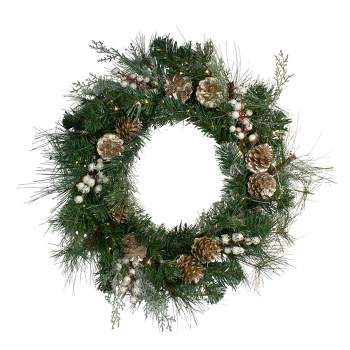 Northlight Pre-Lit Battery Operated Pine Cone and Berry Mixed Pine Christmas Wreath - 22" - Clear LED Lights