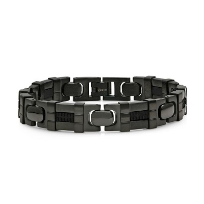 Steeltime Men's black ip stainless steel matte and black rubber link bracelet