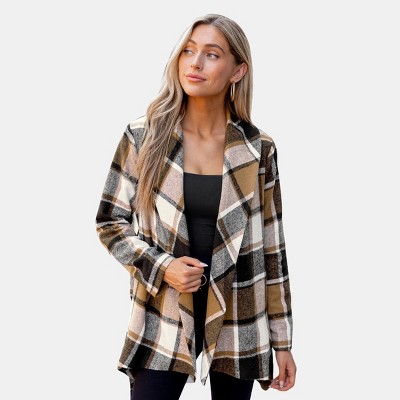Women's Brown Plaid Collared Long Sleeve Wrap Jacket - Cupshe