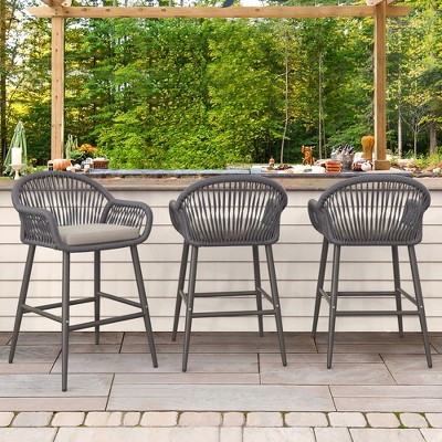 Arceso Outdoor Bar Stools Set of 3, 26.8" H Rattan Outdoor Counter Height Bar Stools, Woven Rope Backrest with Aluminum Legs