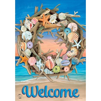 Driftwood Wreath Nautical Summer Garden Flag with Seashells