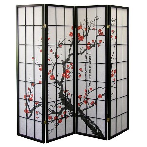 Wooakway 70"H Black Floral 4 Panel Room Divider Folding Privacy Screen Decorative Partition for Home Office - 1 of 4