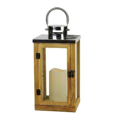 Northlight 13.75" Country Rustic Wood and Glass Lantern with LED Flameless Pillar Candle with Timer