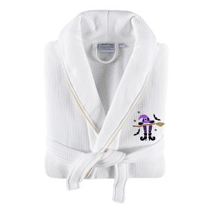 Linum Home Textiles Hotel Collection 100% Turkish Cotton Unisex Waffle Terry Embroidered Bathrobe with Satin Piped Trim - Hat-Broom-Legs - 1 of 3