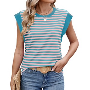 Womens Tank Tops Summer Casual Cap Sleeve Striped Shirt Crewneck T Shirts Loose Blouses 2025 - 1 of 4