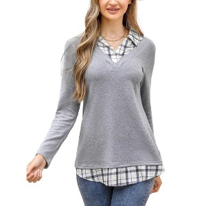 Women's Long Sleeve V Neck Contrast Collared Shirts Patchwork Work Blouse Tunics Tops - 1 of 4