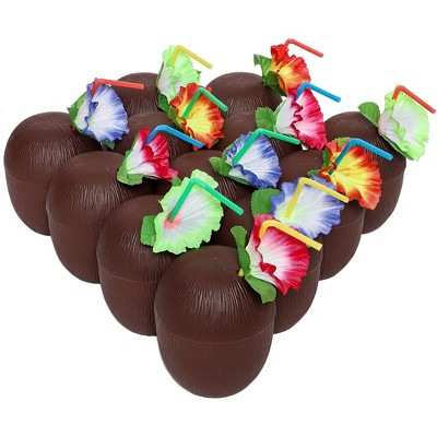 Juvale 12-Pack Coconut Cups with Straws & Hawaiian Hibiscus Flower Decorate, 16oz Food Grade PVC Cup, Ideal for Tropical Luau Party Supplies
