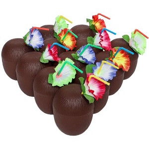 Juvale 12-Pack Coconut Cups with Straws & Hawaiian Hibiscus Flower Decorate, 16oz Food Grade PVC Cup, Ideal for Tropical Luau Party Supplies - 1 of 4