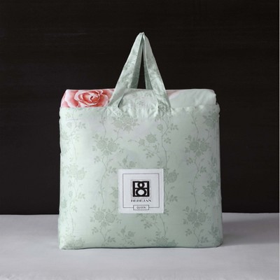 Queen Misty Green Cotton Reversible Floral Comforter Set