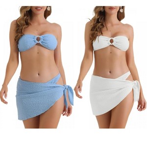 INSPIRE CHIC Women's Ribbed O Ring Bandeau Back Buckle Triangle Thong Bottom Swimwear Bathing Bikini Suits 2 Sets - 1 of 4
