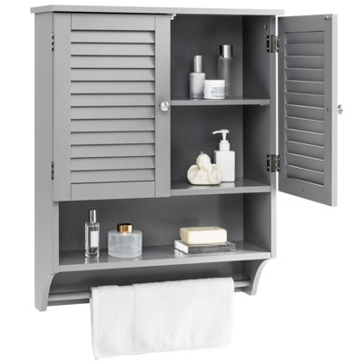 Tangkula Wall Mounted Bathroom Cabinet with Open Shelf & Towel Bar Medicine Cabinet with Double Louvered Doors White/Grey/ Espresso/Black