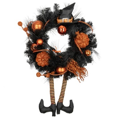 Northlight Witch and Pumpkins Halloween Wreath - 24" - Orange and Black - Unlit