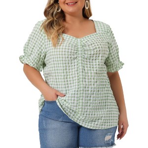 Agnes Orinda Women's Plus Size Gingham 1950s Sweetheart Neck Button Decor Short Sleeve Blouses - 1 of 4