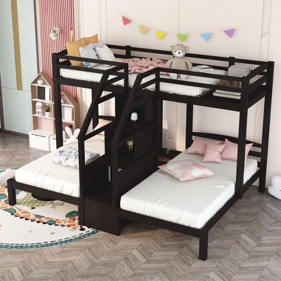 Twin And Twin Wood Triple Bunk Bed With Built-in Staircase Storage Drawer Safety Guardrails Easy Assembly Wooden Slat Support No Spring Box Needed