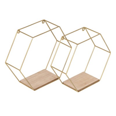 Honey-Can-Do Set of 2 Hexagon Metal and MDF Wall Shelves Gold