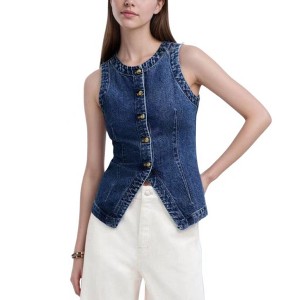 Womens Button Down Denim Vest Tops Crew Neck Sleeveless Fitted Jean Tank Tops Summer Trendy Casual Waistcoat - 1 of 4