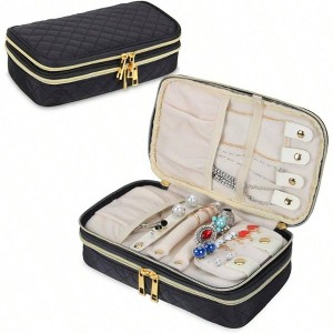 Double Layer Jewelry Organizer, Quilted Travel Case for Rings, Necklaces, Earrings, Bracelets - Black Bag Only - 1 of 4