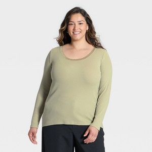 Women's Long Sleeve Lace Trim Scoop Neck Top - A New Day™ - 1 of 3