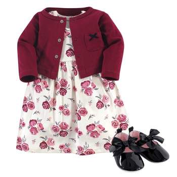 Hudson Baby Infant Girl Cotton Dress, Cardigan and Shoe 3pc Set, Rose