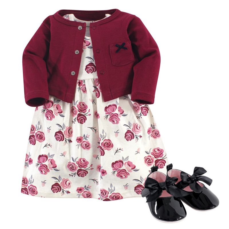 Hudson Baby Infant Girl Cotton Dress, Cardigan and Shoe 3pc Set, Rose, 1 of 7