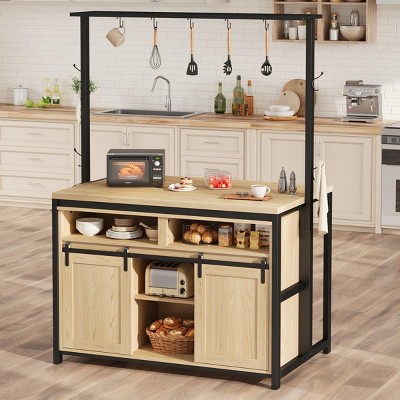 42” Kitchen Island with Power Outlet, Rustic Wood Coffee Bar, Sliding Barn Door, 9 Hooks, Open Shelves & Mobile Storage Cabinet, Natural Wood