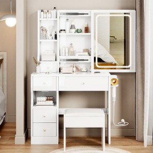 Vanity Desk Set, Makeup Table With Cushioned Stool, Drawers, Brightness Adjustable Mirror Light, 2 AC Powers And 2 USB Ports Built-in Socket - 1 of 4