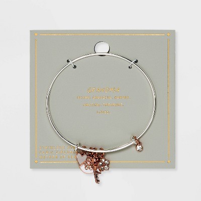 Stainless Steel "Grandma" Bangle with Mother of Pearl and Cubic Zirconia Charms - Rose Gold