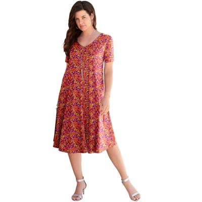 Roaman's Women's Plus Size Petite Ultrasmooth V Neck Swing Dress