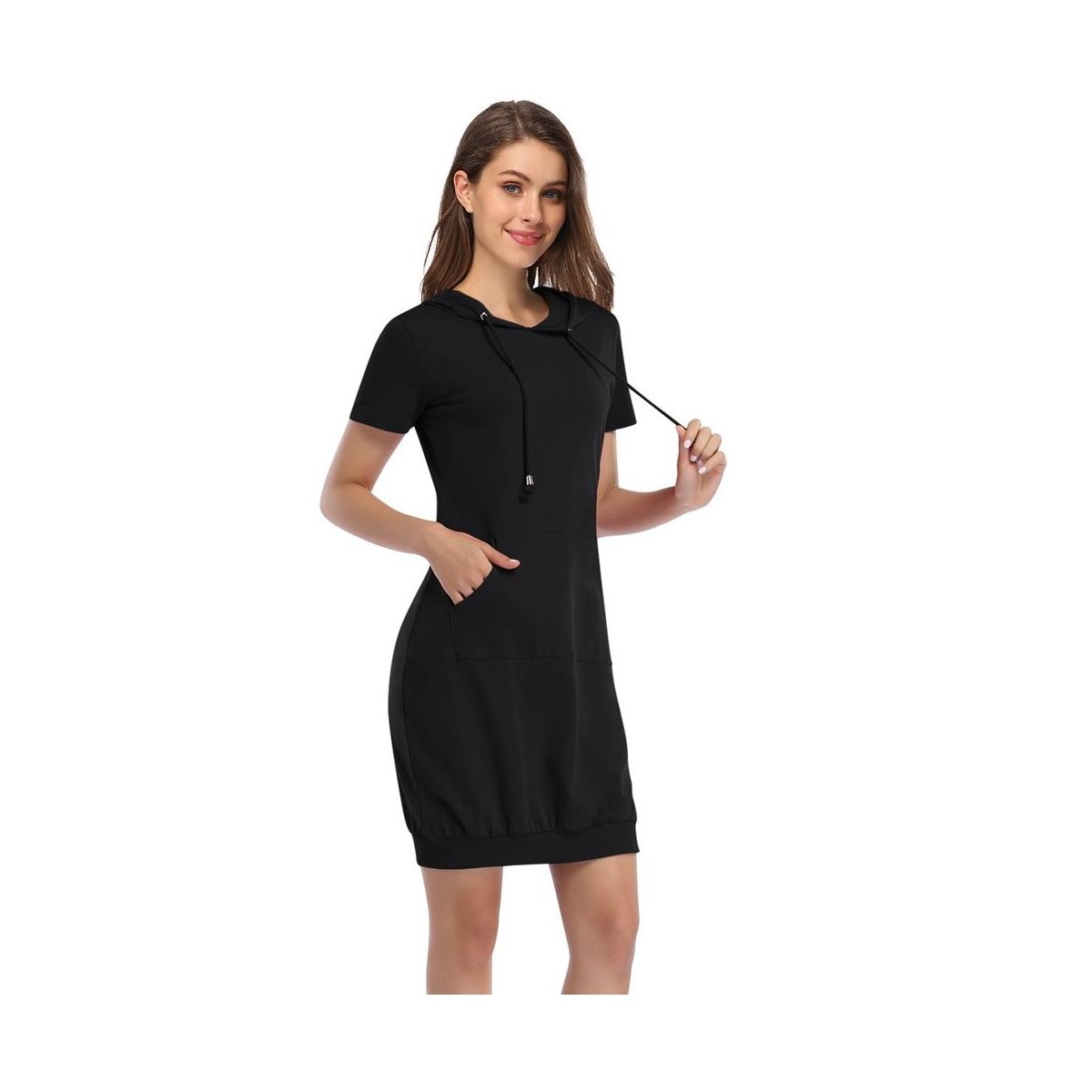 Женские платья Garvee Womens Sheath Dress Hooded Sweatshirts Dress with Front Pocket Short Sleeve Bodycon Mini Dress,Black - M — фото 2
