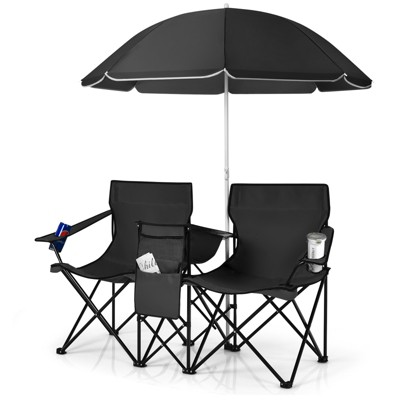 Tangkula Portable Double Camping Chair, Folding Picnic Loveseat W/ Removable Adjustable Umbrella, Carrying Bag, Cooler Bag, Side Pocket & Cupholder Red/Gray/Black/Turquoise