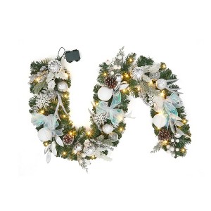 Pre-Lit 6 Feet Christmas Garland, Silver and White Lighted Xmas Garland with 20 LED Lights, Balls, Snowflake, Ribbon Bow - 1 of 4