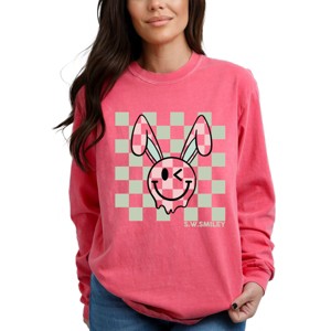 Simply Sage Market S.W.Smiley Checkered Smiley Face Bunny Garment Dyed Long Sleeve - 1 of 4