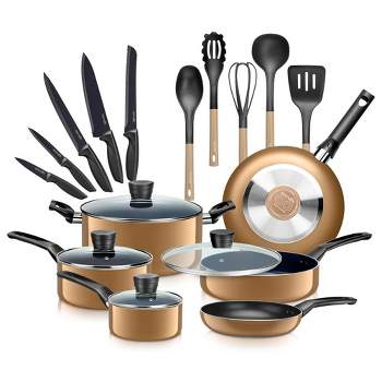 SereneLife 20 Piece Kitchenware Pots & Pans Set – Basic Kitchen Cookware, Black Non-Stick Coating Inside, Heat Resistant Lacquer (Gold)